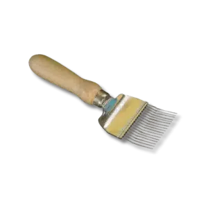 Uncapping  fork with angled needles, wooden handle